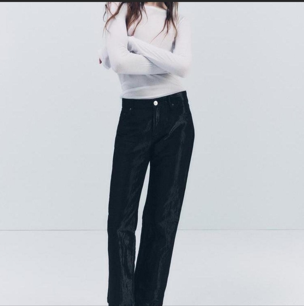 ZARA | Women's Black Satin Effect Shiny Metallic Mid Waist Straight Leg Pants